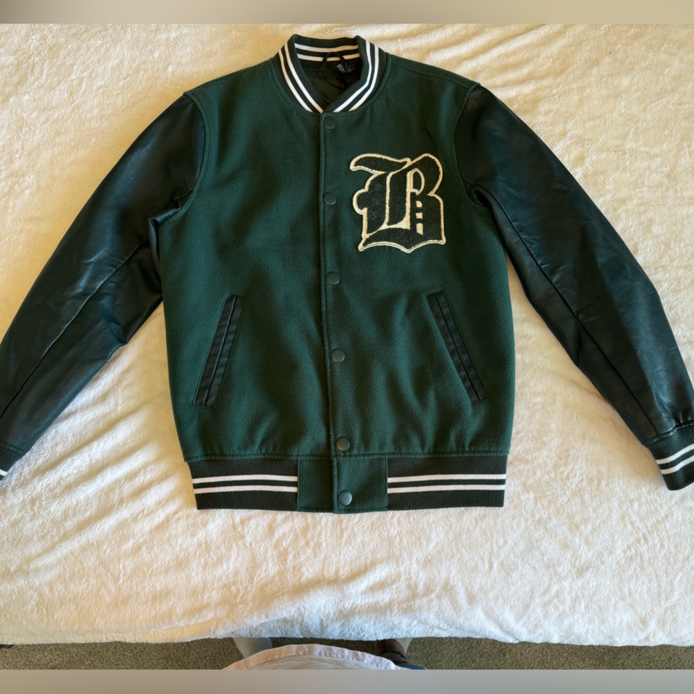 Men's Green Divided Varsity Jacket with black leather sleeves Size M